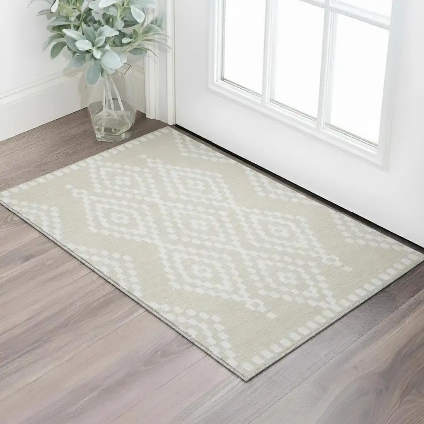 Beige And Ivory Geometric Washable Area Rug With UV Protection Photo 2