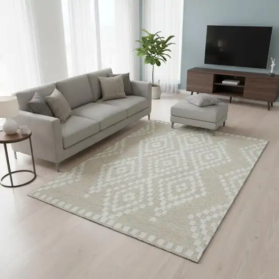 Beige And Ivory Geometric Washable Area Rug With UV Protection Photo 2