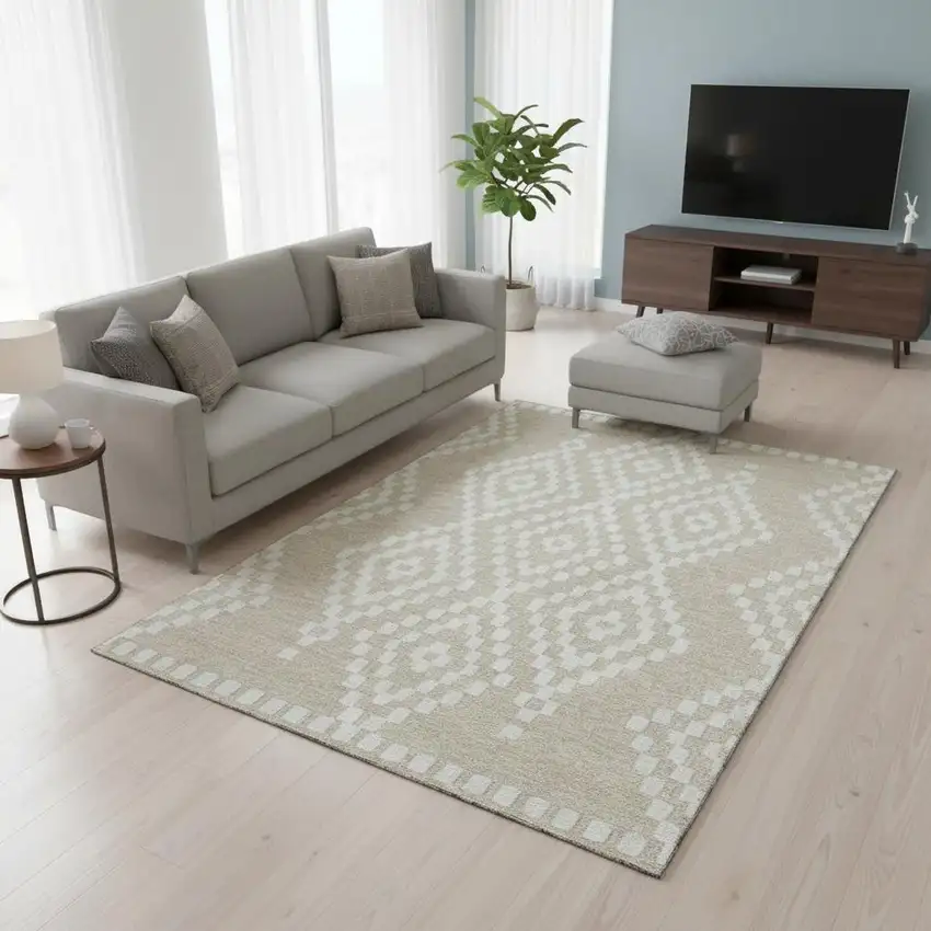 Beige And Ivory Geometric Washable Area Rug With UV Protection Photo 2