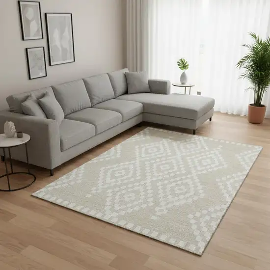 Beige And Ivory Geometric Washable Area Rug With UV Protection Photo 2