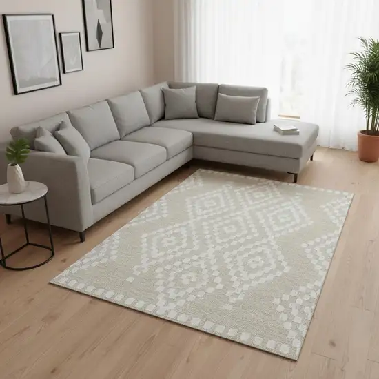 Beige And Ivory Geometric Washable Area Rug With UV Protection Photo 2