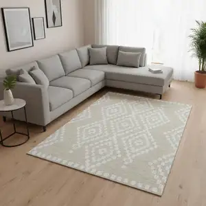 Photo of Beige And Ivory Geometric Washable Area Rug With UV Protection