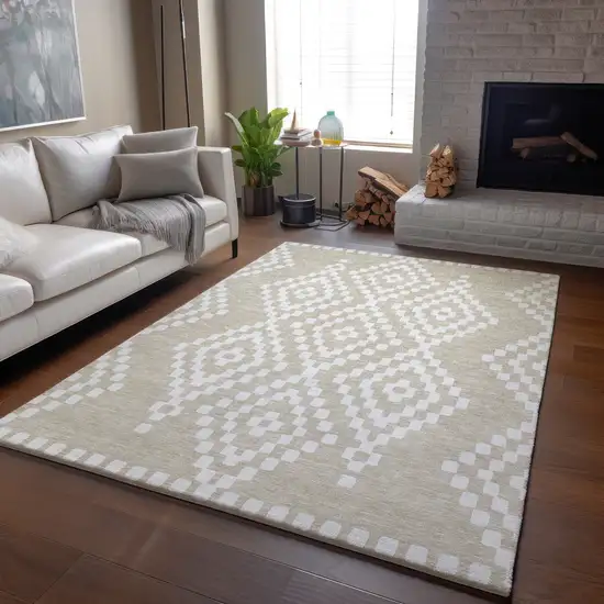 Beige And Ivory Geometric Washable Area Rug With UV Protection Photo 6