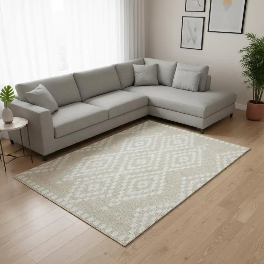 Beige And Ivory Geometric Washable Area Rug With UV Protection Photo 2