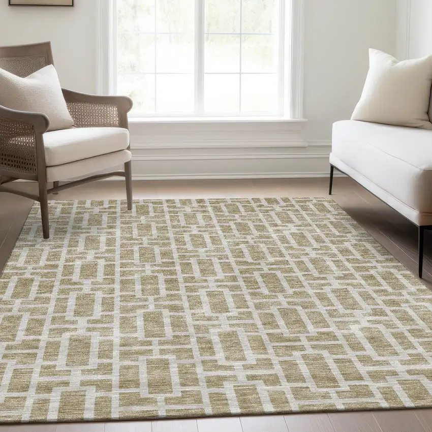 Beige And Ivory Geometric Washable Area Rug With UV Protection Photo 6