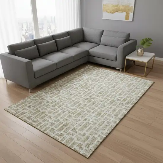 Beige And Ivory Geometric Washable Area Rug With UV Protection Photo 2