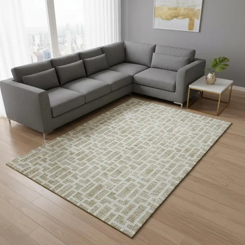 Beige And Ivory Geometric Washable Area Rug With UV Protection Photo 2