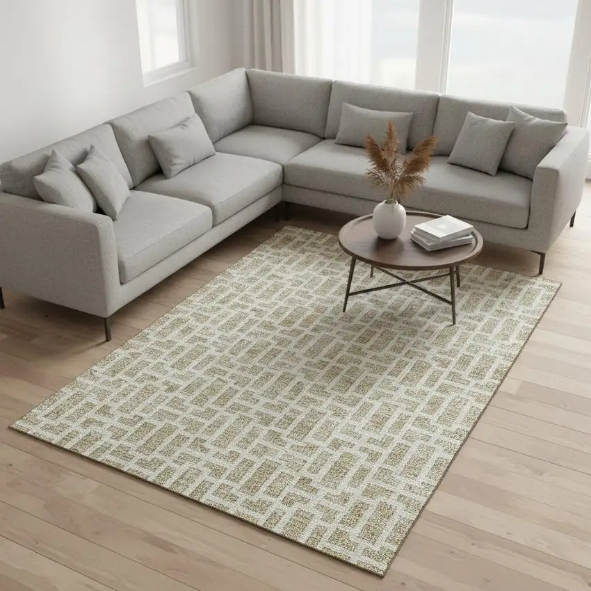 Beige And Ivory Geometric Washable Area Rug With UV Protection Photo 2