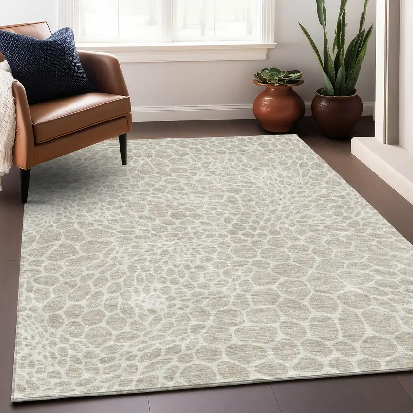 Beige And Ivory Geometric Washable Area Rug With UV Protection Photo 4