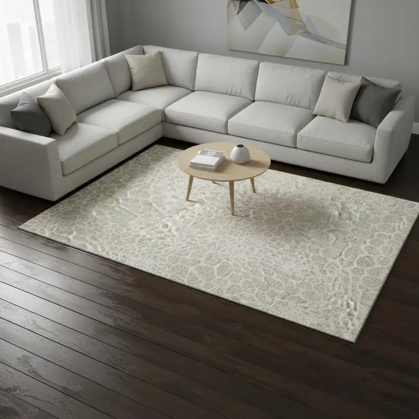 Beige And Ivory Geometric Washable Area Rug With UV Protection Photo 2