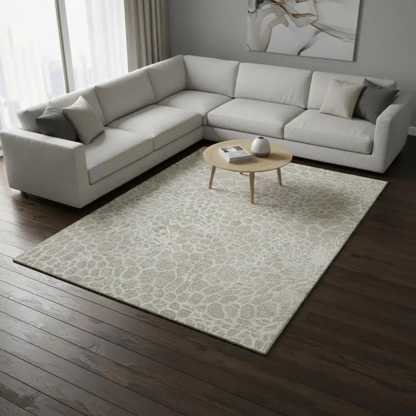 Beige And Ivory Geometric Washable Area Rug With UV Protection Photo 2