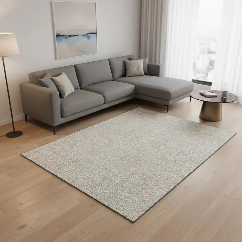 Beige And Ivory Geometric Washable Area Rug With UV Protection Photo 2