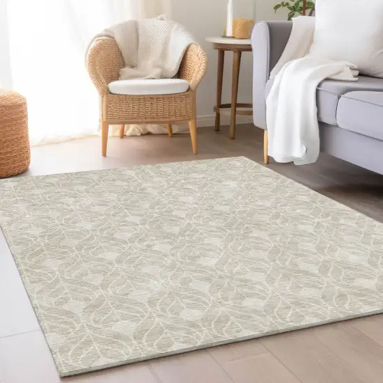 Beige And Ivory Geometric Washable Area Rug With UV Protection Photo 4