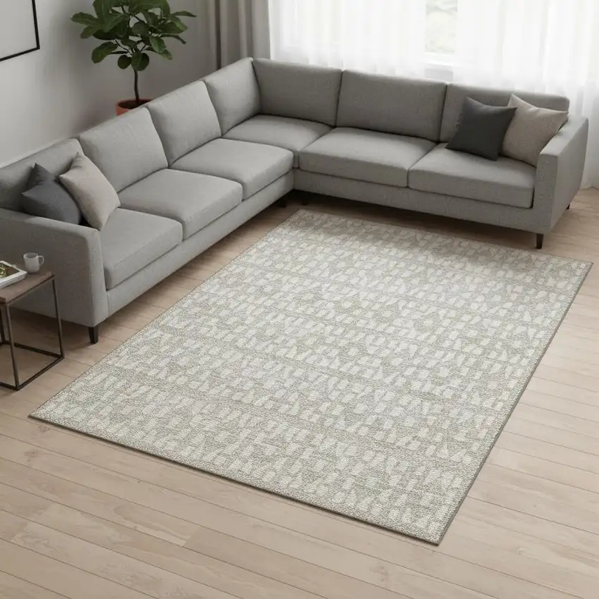 Beige And Ivory Geometric Washable Area Rug With UV Protection Photo 2