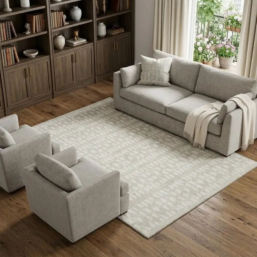 Beige And Ivory Geometric Washable Area Rug With UV Protection Photo 1