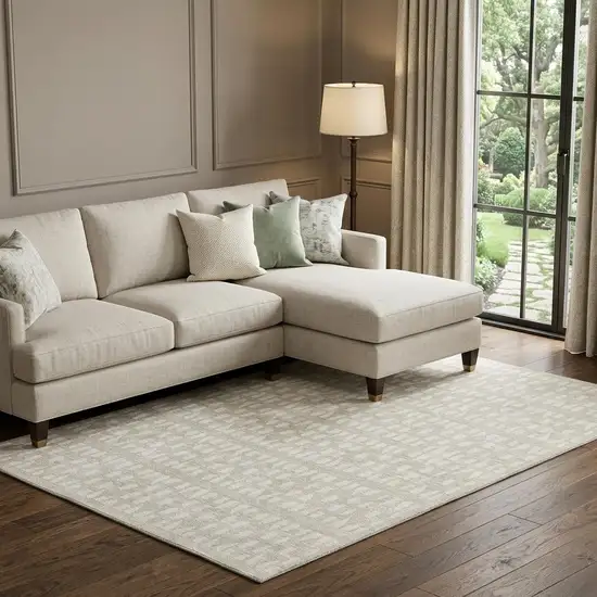 Beige And Ivory Geometric Washable Area Rug With UV Protection Photo 1