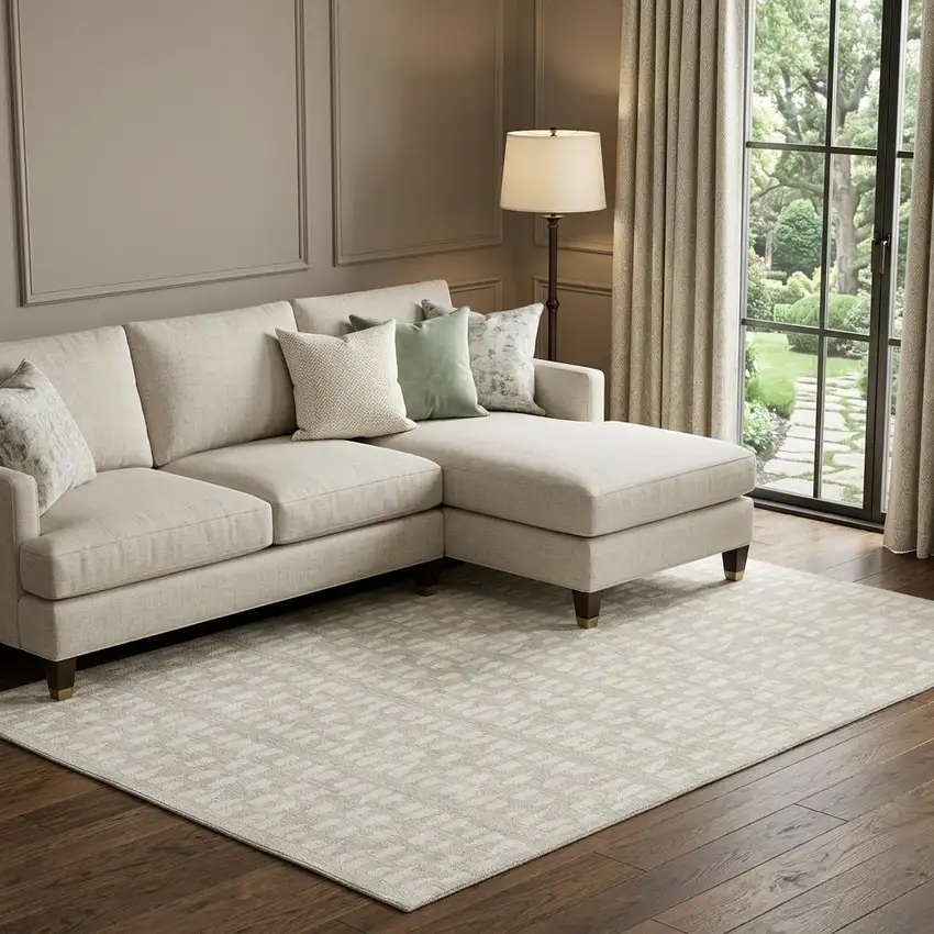 Beige And Ivory Geometric Washable Area Rug With UV Protection Photo 1