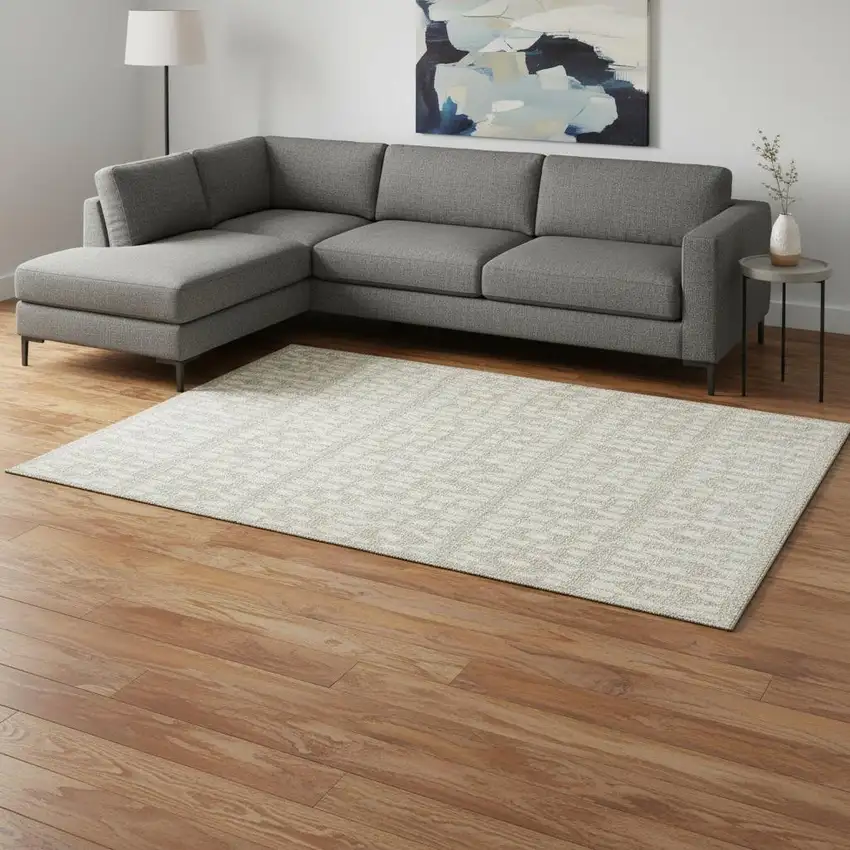 Beige And Ivory Geometric Washable Area Rug With UV Protection Photo 2