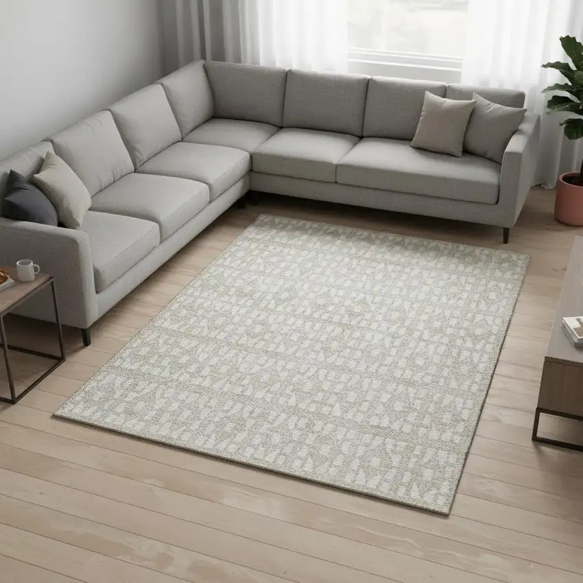 Beige And Ivory Geometric Washable Area Rug With UV Protection Photo 2
