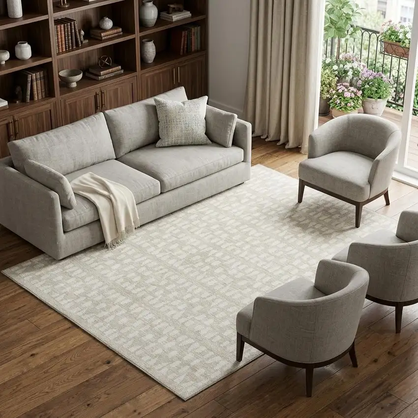 Beige And Ivory Geometric Washable Area Rug With UV Protection Photo 1
