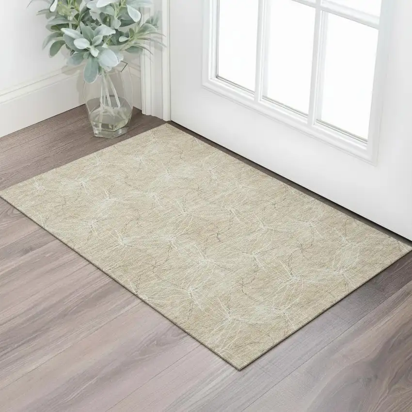 Beige And Ivory Geometric Washable Area Rug With UV Protection Photo 2