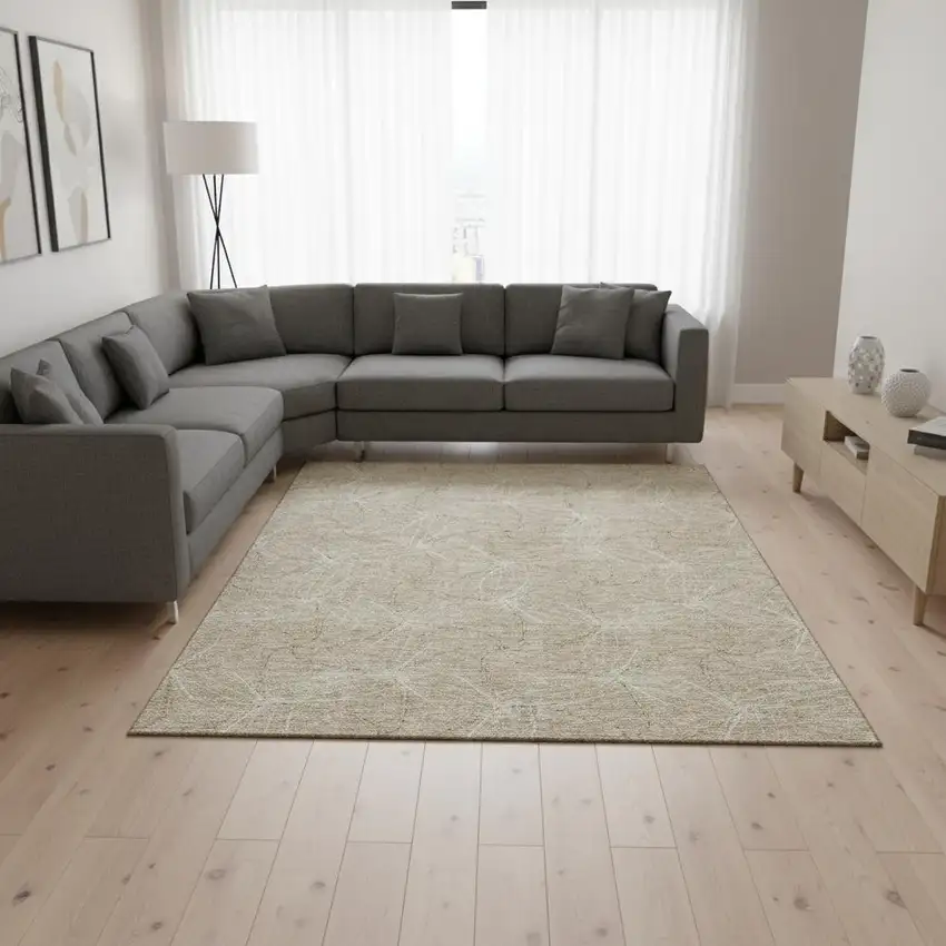 Beige And Ivory Geometric Washable Area Rug With UV Protection Photo 2