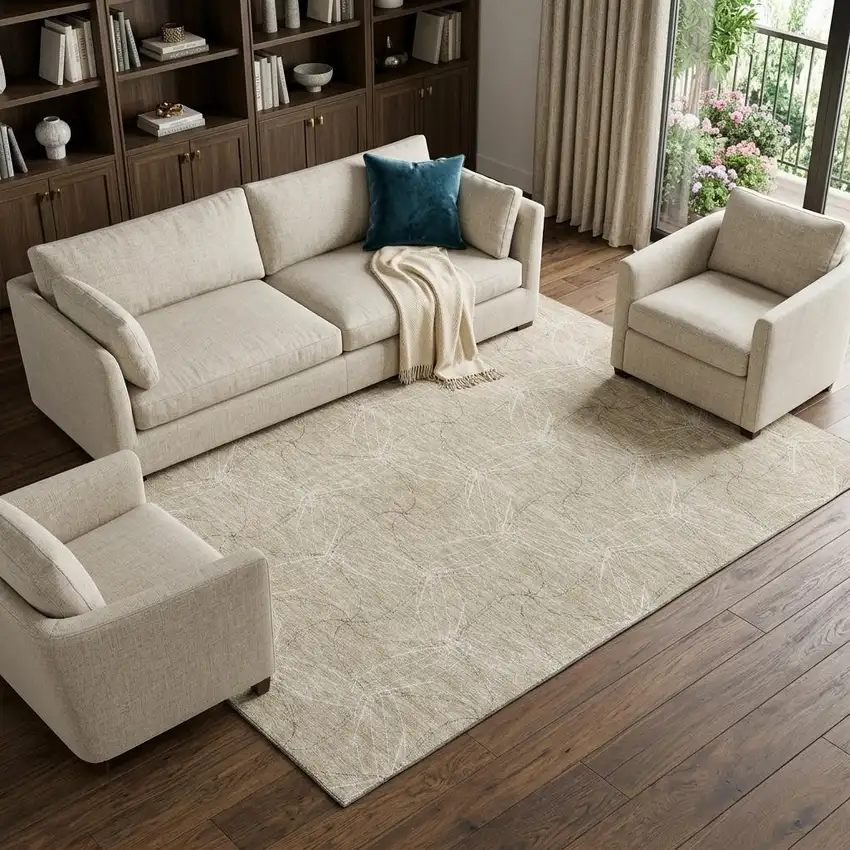 Beige And Ivory Geometric Washable Area Rug With UV Protection Photo 1