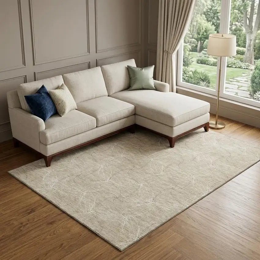 Beige And Ivory Geometric Washable Area Rug With UV Protection Photo 1