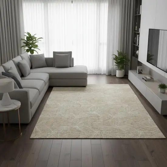 Beige And Ivory Geometric Washable Area Rug With UV Protection Photo 2