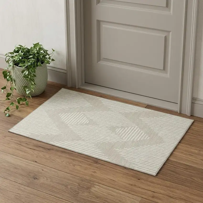 Beige And Ivory Geometric Washable Area Rug With UV Protection Photo 1