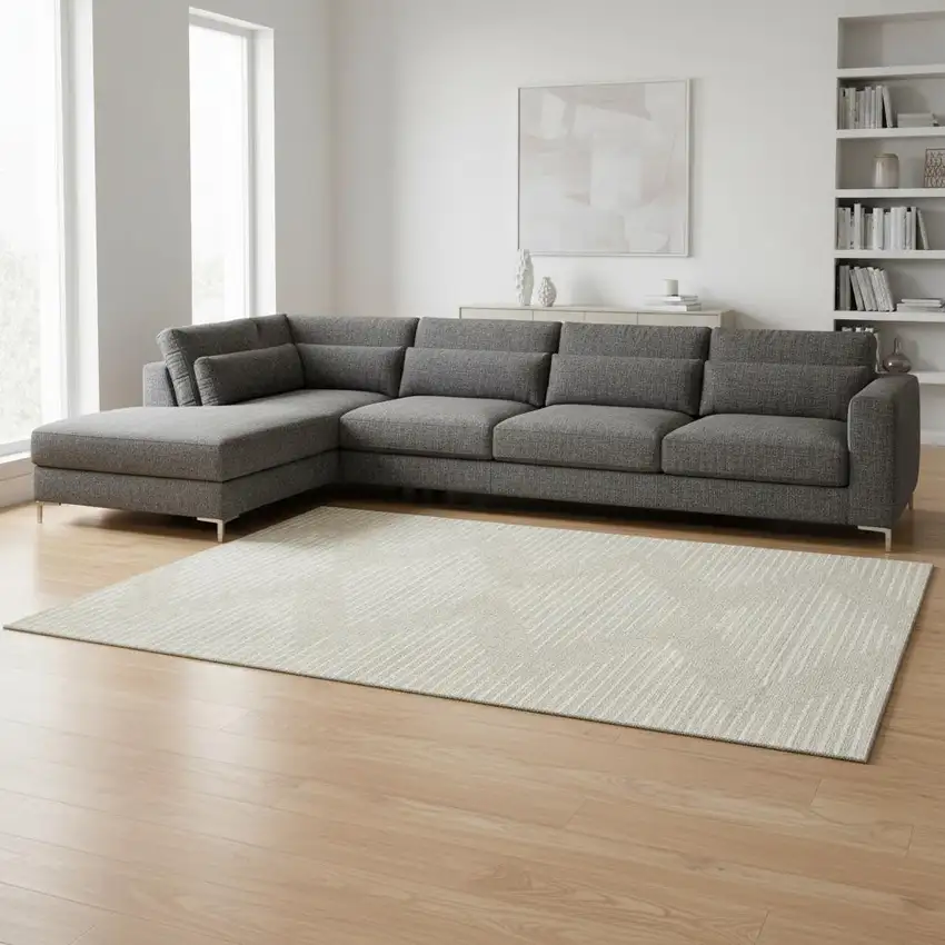 Beige And Ivory Geometric Washable Area Rug With UV Protection Photo 2