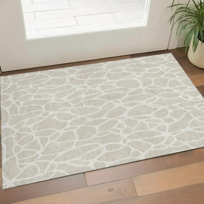 Beige And Ivory Geometric Washable Area Rug With UV Protection Photo 1