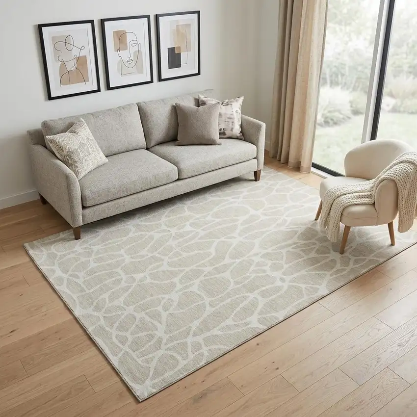 Beige And Ivory Geometric Washable Area Rug With UV Protection Photo 1