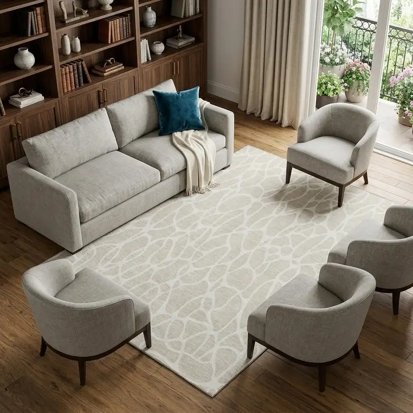 Beige And Ivory Geometric Washable Area Rug With UV Protection Photo 1