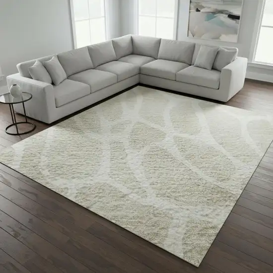 Beige And Ivory Geometric Washable Area Rug With UV Protection Photo 2