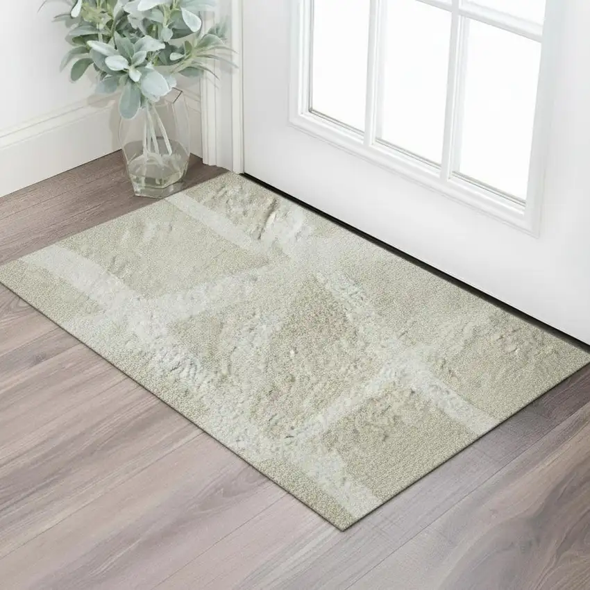 Beige And Ivory Geometric Washable Area Rug With UV Protection Photo 2