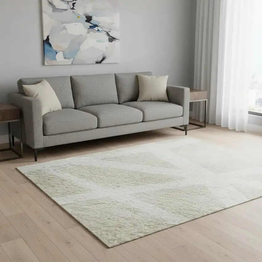 Beige And Ivory Geometric Washable Area Rug With UV Protection Photo 2