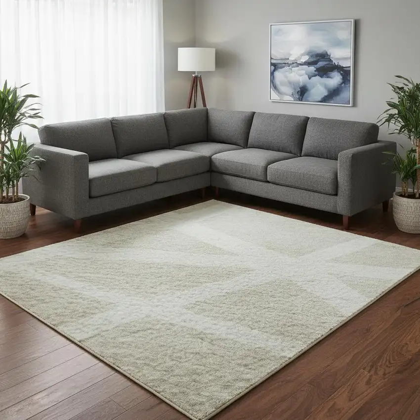 Beige And Ivory Geometric Washable Area Rug With UV Protection Photo 2