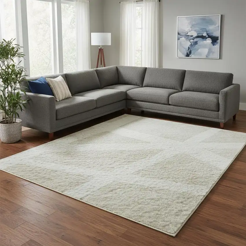 Beige And Ivory Geometric Washable Area Rug With UV Protection Photo 2