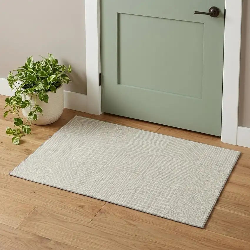 Beige And Ivory Geometric Washable Area Rug With UV Protection Photo 1
