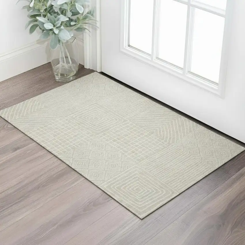 Beige And Ivory Geometric Washable Area Rug With UV Protection Photo 2