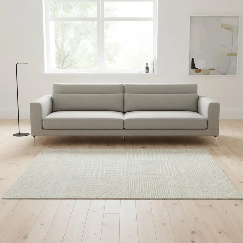 Beige And Ivory Geometric Washable Area Rug With UV Protection Photo 2