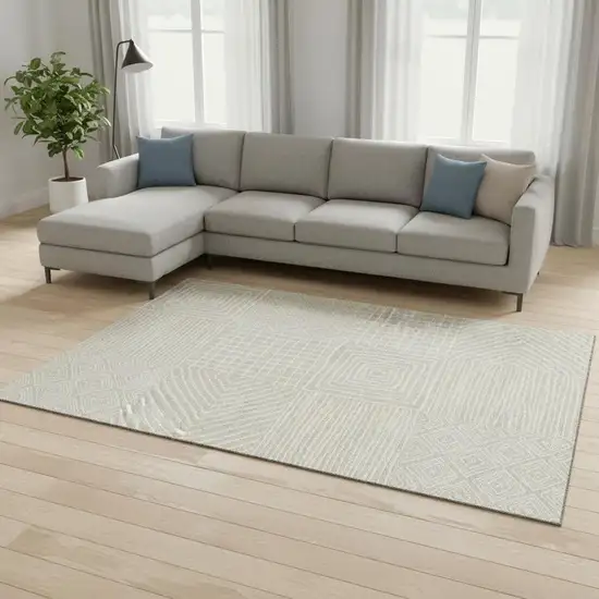 Beige And Ivory Geometric Washable Area Rug With UV Protection Photo 2