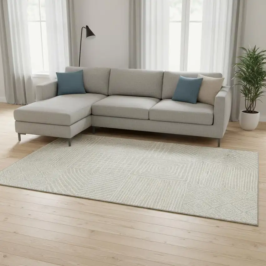 Beige And Ivory Geometric Washable Area Rug With UV Protection Photo 2