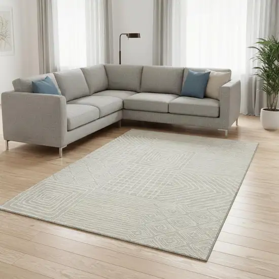 Beige And Ivory Geometric Washable Area Rug With UV Protection Photo 2