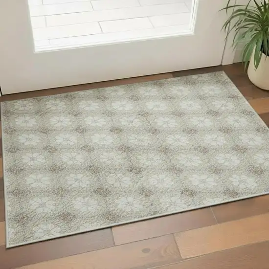 Beige And Ivory Geometric Washable Area Rug With UV Protection Photo 2