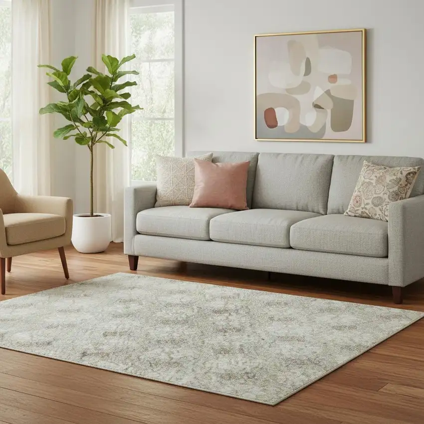 Beige And Ivory Geometric Washable Area Rug With UV Protection Photo 2