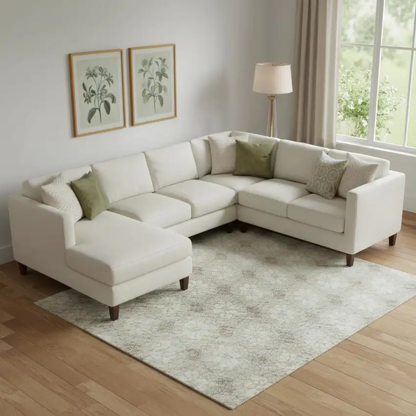 Beige And Ivory Geometric Washable Area Rug With UV Protection Photo 2