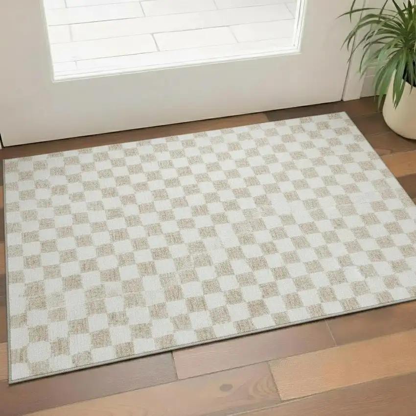 Beige And Ivory Geometric Washable Area Rug With UV Protection Photo 2