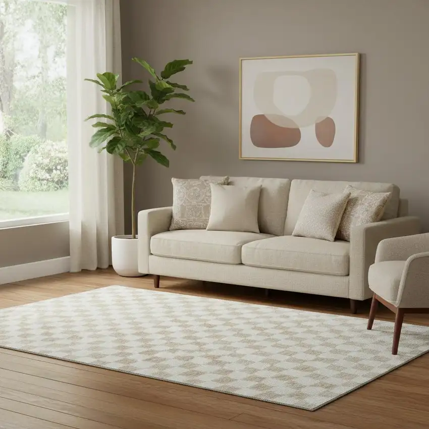 Beige And Ivory Geometric Washable Area Rug With UV Protection Photo 2